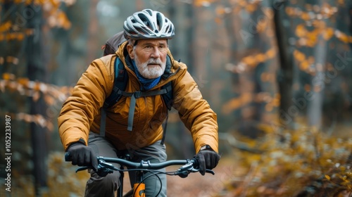 Senior Man Mountain Biking Through Autumn Forest