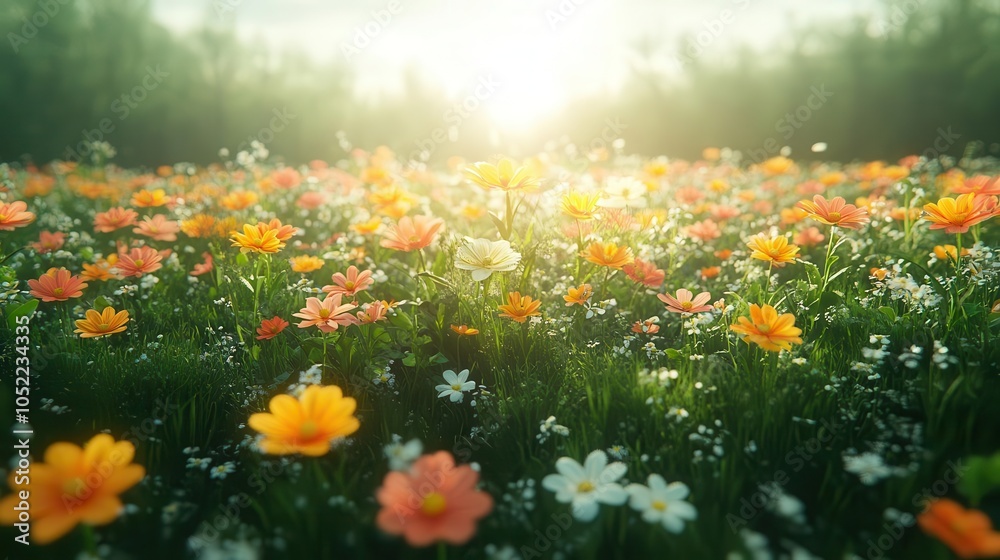 Fototapeta premium lush green spring meadow featuring a vibrant array of spring flowers against a bright white background, encapsulating the beauty of nature in bloom and the essence of renewal
