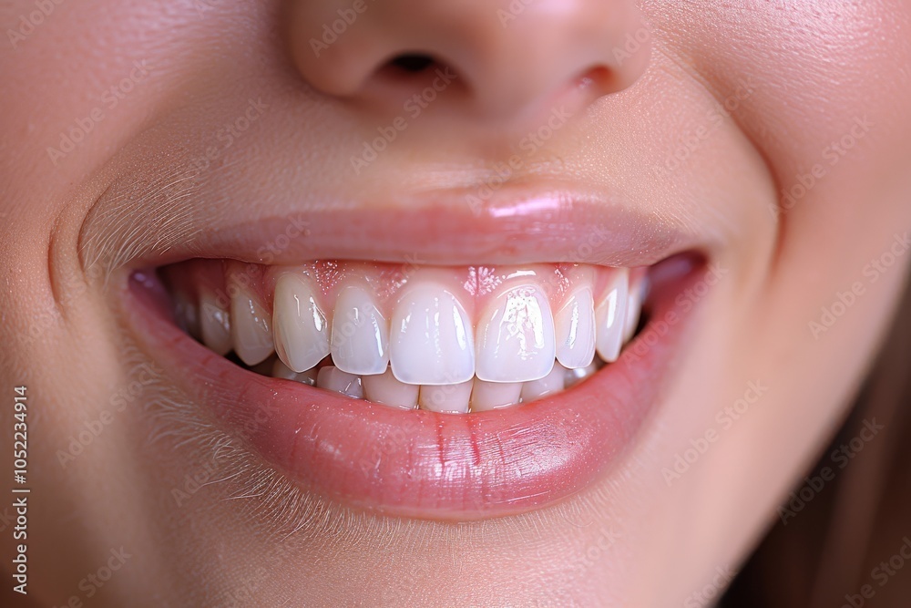 Fototapeta premium Close-up of a woman smiling brightly, showcasing her pearly white teeth in good lighting, emphasizing dental health and radiance