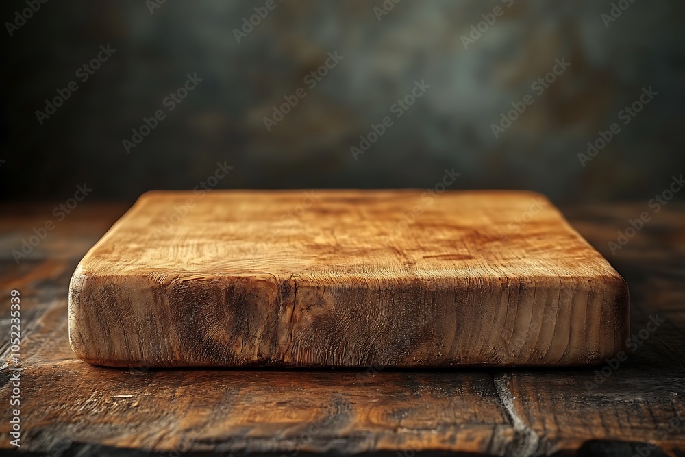 Empty wooden cutting board on a rustic table.