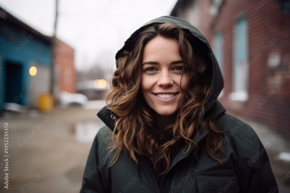 Portrait of a beautiful young woman in raincoat smiling at camera Portrait of a beautiful young woman in raincoat smiling at camera
