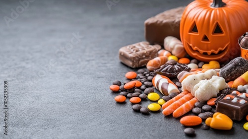 Halloween candy spread out on a table, showcasing the variety of treats and sweets associated with the holiday photo