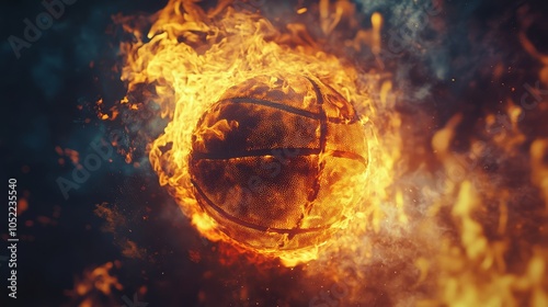 A basketball on fire, a creative poster on the theme of the basketball championship photo