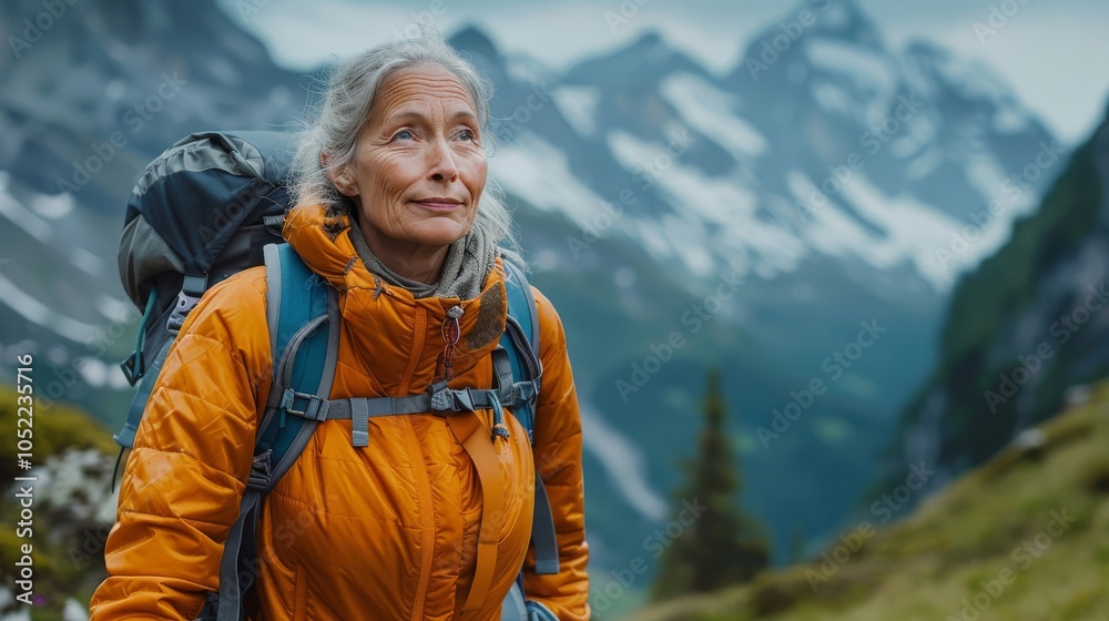 Woman Hiking in Majestic Mountain Landscape Woman Hiking in Majestic Mountain Landscape