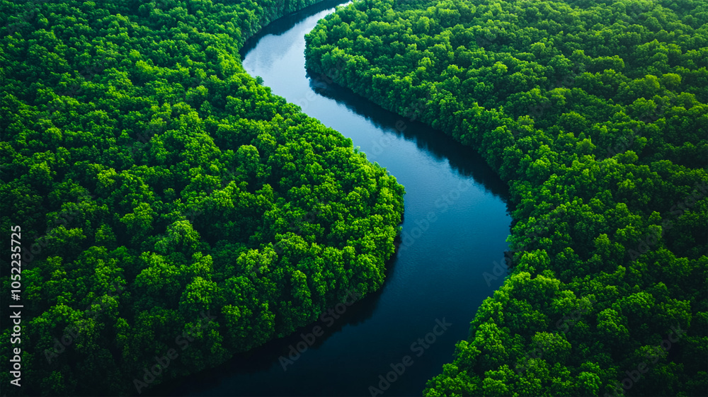 Top view of forest and river lanscape background Top view of forest and river lanscape background