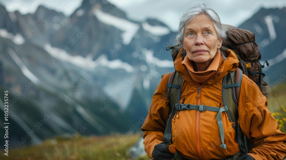 Senior Woman Hiking in Majestic Mountain Landscape Senior Woman Hiking in Majestic Mountain Landscape