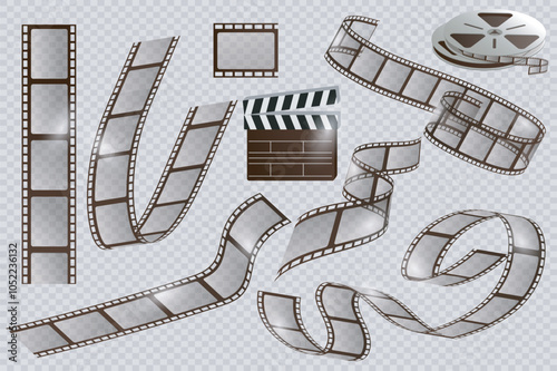 Old film strip mega set elements in flat graphic design. Collection objects of vintage cinema filmstrip negatives, films slide templates in rolls, movie reels, director clapper. Vector illustration.