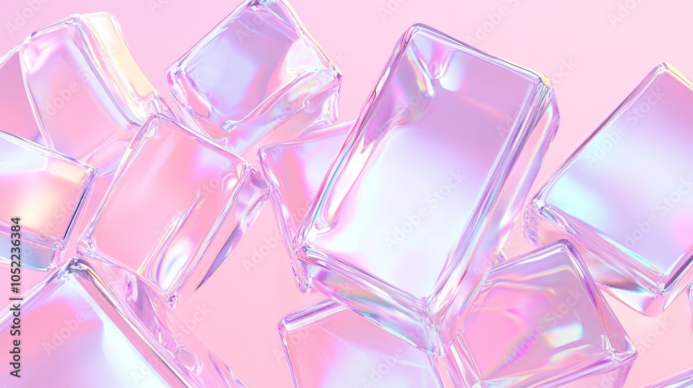 Captivating fragments of ice a stunning display of iridescent ice cubes on a soft pink background for modern design inspiration Captivating fragments of ice a stunning display of iridescent ice cubes on a soft pink background for modern design inspiration