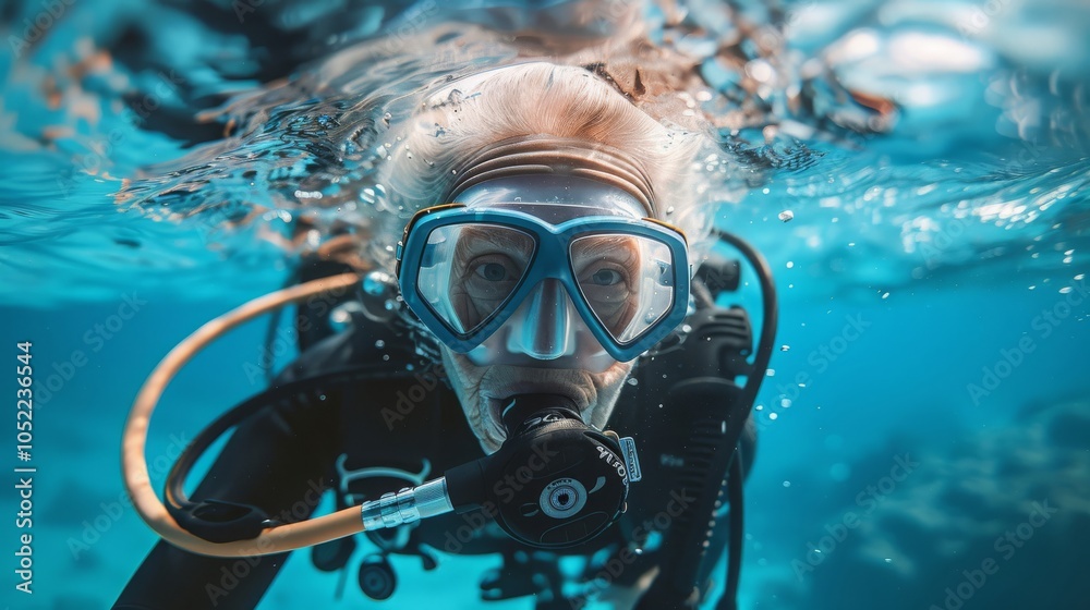 Senior Woman Underwater Scuba Diving - Ocean Exploration Senior Woman Underwater Scuba Diving - Ocean Exploration