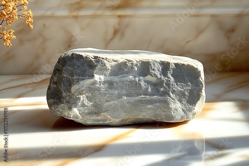 A gray stone casting shadows on a marble surface bathed in sunlight. photo