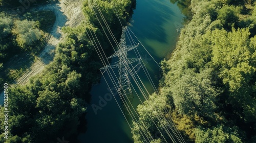 Power lines and a river flowing through a lush forest, a visual representation of the delicate balance between human infrastructure and nature.