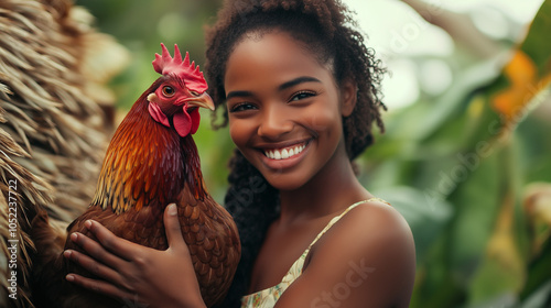 Uma mulher negra sorrindo segurando uma galinha em uma fazenda durante o dia, luz natural