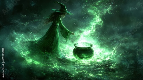 Witch stirring a bubbling cauldron, symbolizing the magic and fantasy elements of Halloween traditions photo