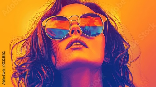 A vibrant and minimalist portrait of a woman in sunglasses, capturing the essence of summer with a retro aesthetic. The image evokes feelings of freedom, warmth, and nostalgia.