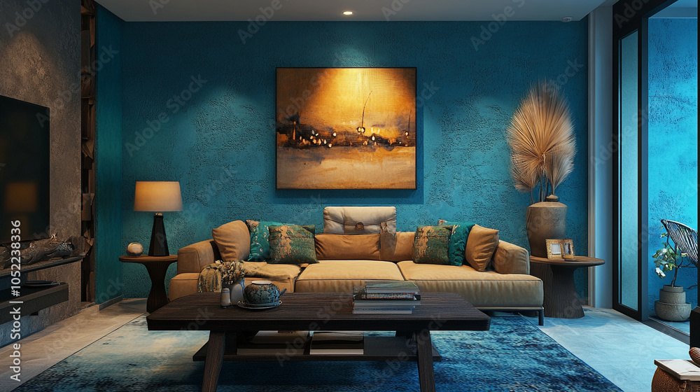 A captivating 3D rendering of an interior space featuring a beautiful blue wall, Stylish modern interior of blue living room with luxury home accessories. A captivating 3D rendering of an interior space featuring a beautiful blue wall, Stylish modern interior of blue living room with luxury home accessories.