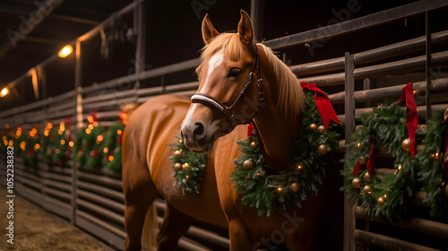 A beautiful chestnut horse adorned with festive wreaths, surrounded by holiday lights in a stable setting. photo