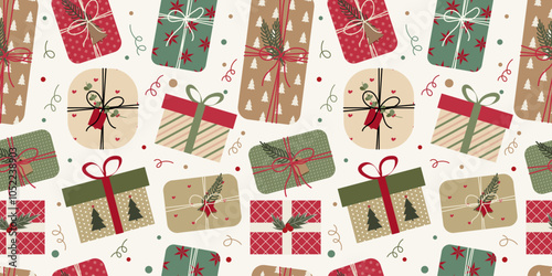 Cute seamless pattern with Christmas gift boxes in retro style. Minimalist holiday presents in soft shades of red, green, and beige, decorated with ribbons, pine branches, and festive details