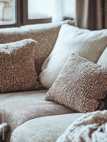 A pair of textured pillows rest on a plush sofa, creating a cozy and inviting atmosphere in a well-lit room. photo