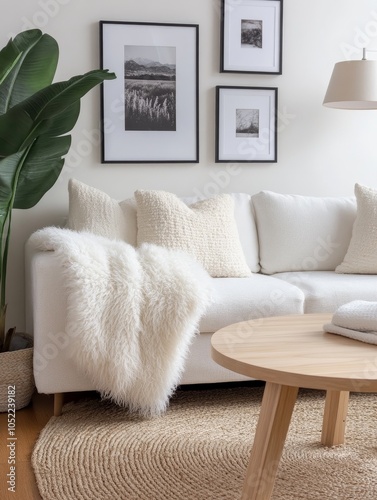 A crisp white living room showcases plush cushions, a round wooden coffee table, and a leafy plant by a sunlit window, creating a bright atmosphere.