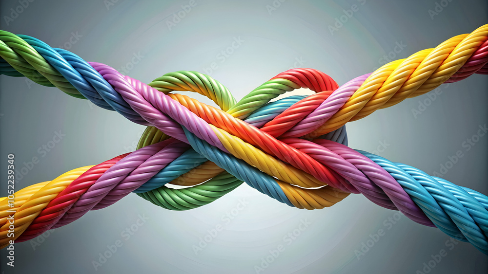 Multiple colorful ropes merging into an arrow shape, ideal for representing teamwork, shared goals, and collaborative effort in business or educational settings Multiple colorful ropes merging into an arrow shape, ideal for representing teamwork, shared goals, and collaborative effort in business or educational settings