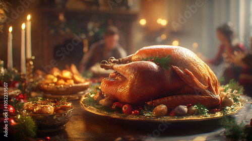 Family praying before dinner is sitting at Decorated table roasted turkey or chiken in sauce with rosemary. Holiday celebration dinner Christmas or Thanksgiving. photo