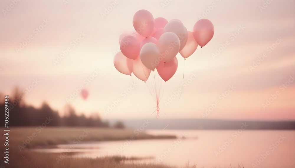 Obraz premium A bunch of pink balloons flying against a lake and nature. AI generated
