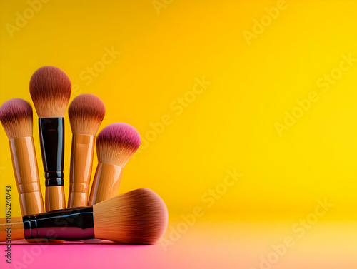 A vibrant display of makeup brushes arranged artistically on a colorful background, perfect for beauty and cosmetics themes. photo