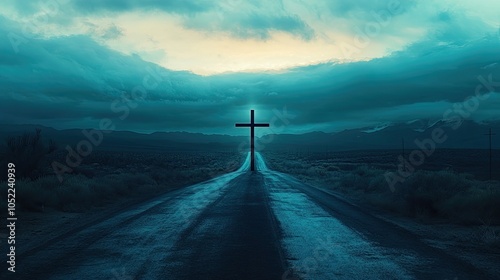 A cross standing in the middle of an endless road, symbolizing faith as a guiding light through lifea journey. photo