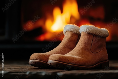 Close-up of warm shearling-lined winter boots, placed beside a roaring fireplace, soft glowing light, Shearling winter boots, Cozy and warm photo