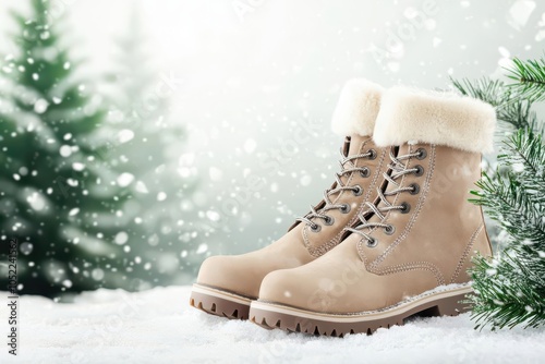 Visualization of winter snow boots with faux fur lining, surrounded by fresh snow and pine trees, Snow boots in winter, Warm and cozy footwear photo