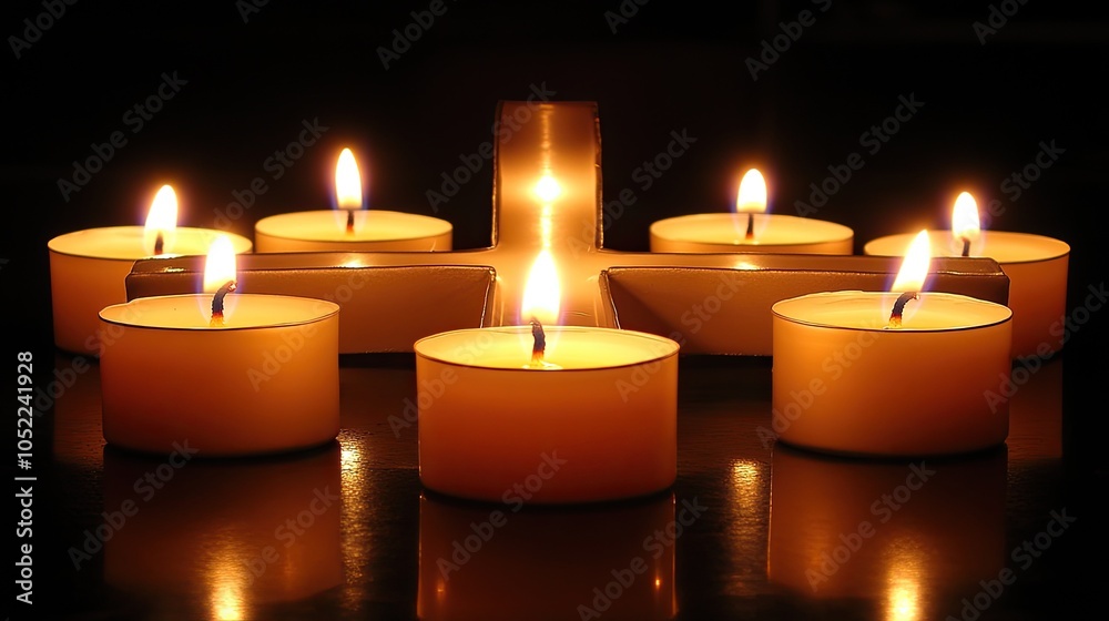 A cross-shaped arrangement of candles burning softly in a darkened room, symbolizing peace, reflection, and devotion.