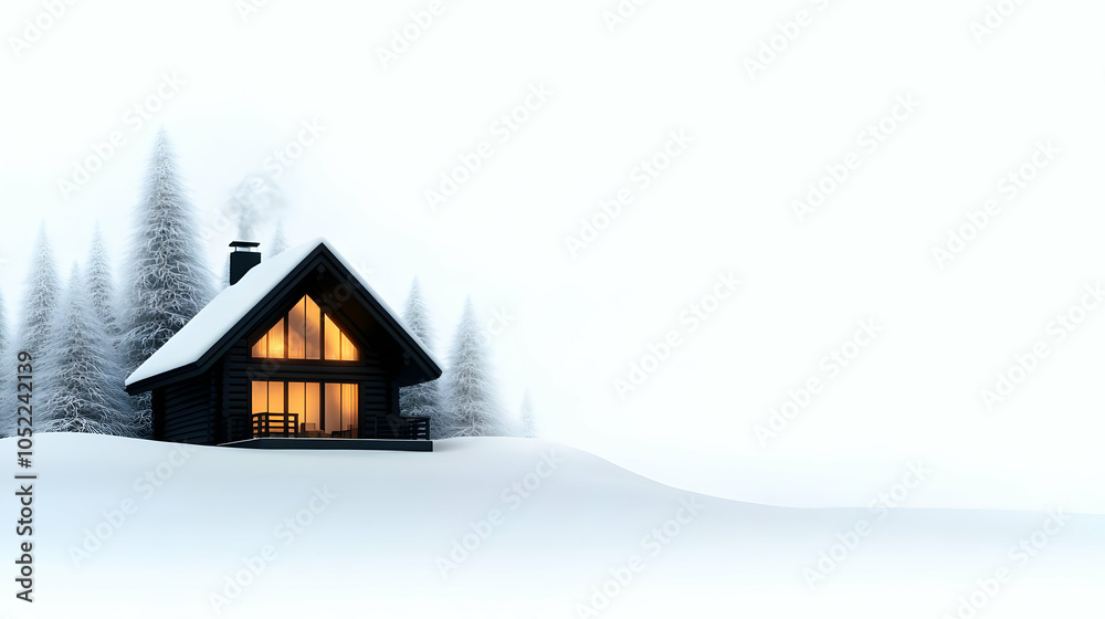 Cozy cabin in a snowy landscape, softly lit from within, surrounded by evergreen trees and a serene white backdrop.