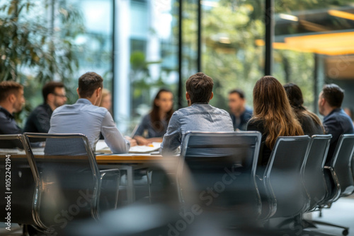 Group of people at a table in a meeting room, discussing ideas with laptops and notebooks open, engaged in conversation. photo