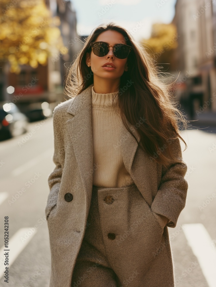 A woman in sunglasses walking down the street on a bright sunny Autumn/Fall day in a cozy outfit
