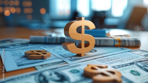 Tax planning illustration, documents and dollar symbols, 3D illustration