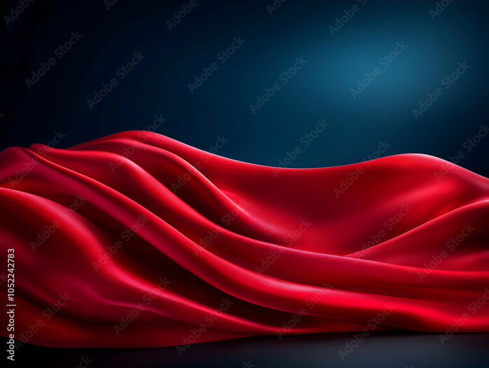 Elegant red silk fabric draped in soft folds against a dark blue background. Elegant red silk fabric draped in soft folds against a dark blue background.