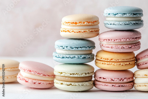 Colorful macarons arranged elegantly on a marble countertop.