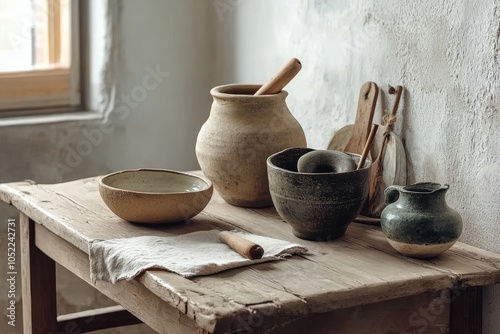 A rustic kitchen still life showcasing Wabi-Sabi aesthetics with pottery, wooden utensils, and a weathered table, embodying imperfection, simplicity, and natural beauty.