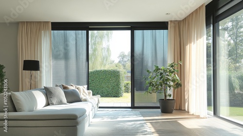 A minimalist living room with large glass doors allowing natural light, a soft couch, and view of an outdoor garden area. photo