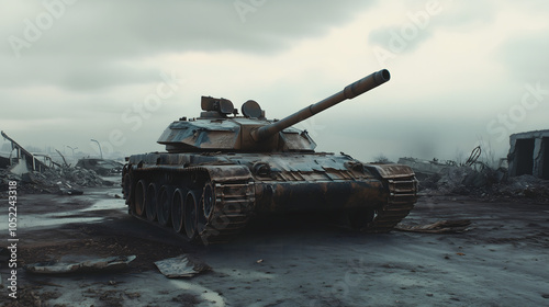 Tank in camouflage isolated on a battlefield showcasing its heavy armor, turret, and cannon representing military power and conflict photo