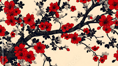 A red and black tree with red flowers