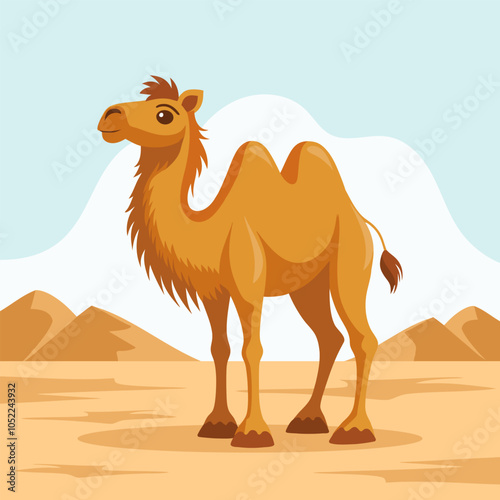 Cute two-humped camel in desert landscape. Flat style illustration.