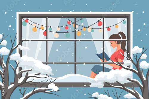Woman reading book at the winter window. New Year and Christmas background. Cozy winter illustration for bookshop, library, bookstore.