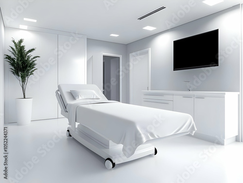 Modern hospital room featuring a bed, sleek furnishings, and a soothing color palette. photo