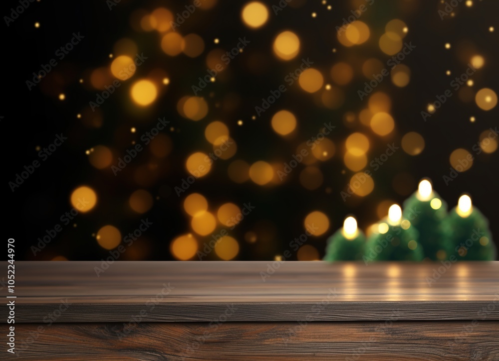 Christmas festive blurred background with bokeh on wooden table top
