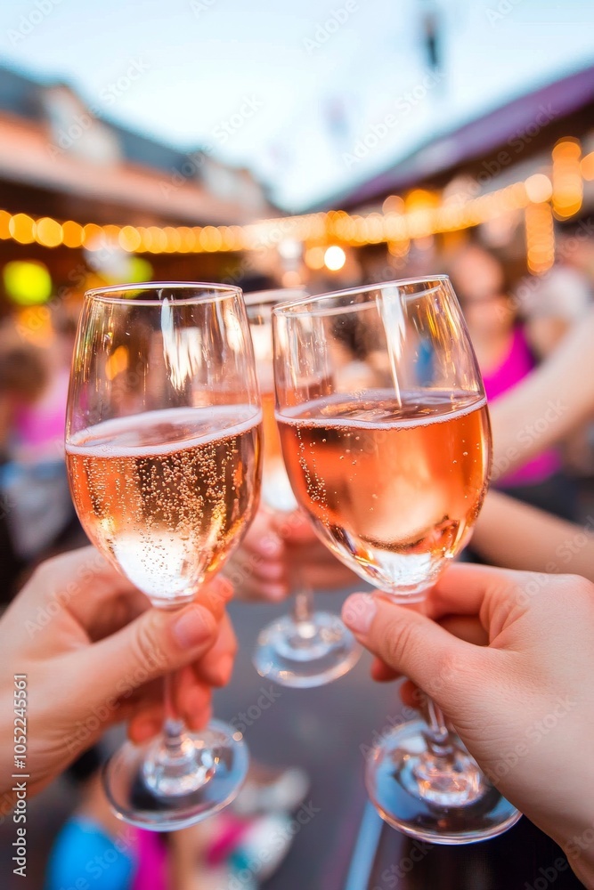 Obraz premium Cheers to Rosé: Three hands clink glasses of refreshing rosé wine at a lively outdoor gathering, capturing the carefree spirit of summer celebrations.