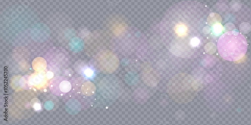 Sparkling glare light effects with colorful shimmer. Beautiful lens flare effect with bokeh, glittery particles and rays. Shining abstract background. Vector illustration