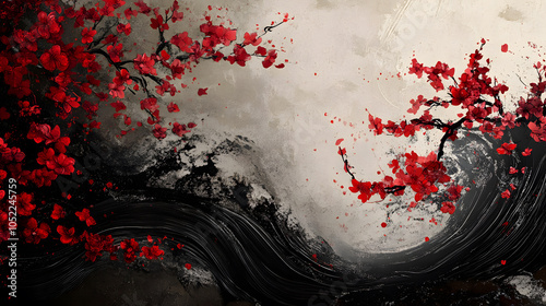 A painting of red cherry blossoms with a black background