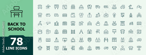 Back To School line web icon set. Includes minimalist icons for classroom, teaching, student, e-book, class and more. Set of line pictogram. Editable vector stroke.
