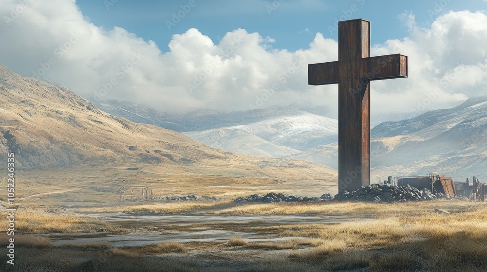 A large metal cross standing strong against the backdrop of a vast desert landscape, symbolizing endurance and unwavering faith. A large metal cross standing strong against the backdrop of a vast desert landscape, symbolizing endurance and unwavering faith.